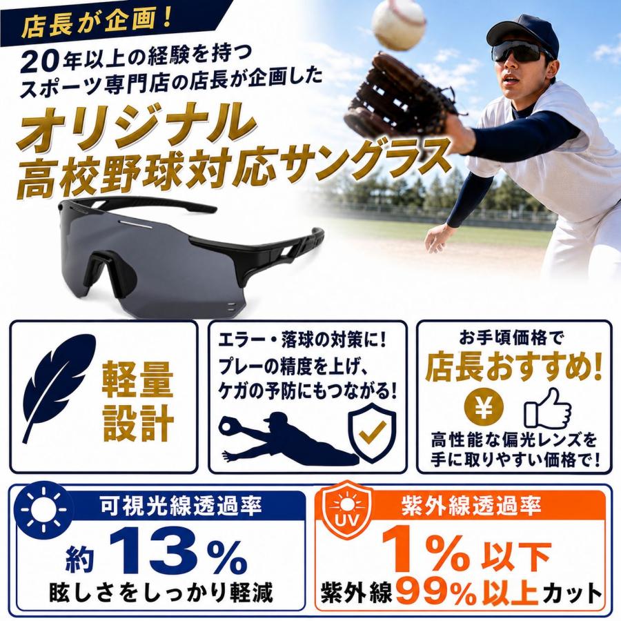 高校野球ルール対応 サングラス ハーフリム ケース付き UVカット 非偏光 軽量 高校野球用 1年保証 アウトドア 観戦 ライナースポーツオリジナル LSALI1 |  | 08