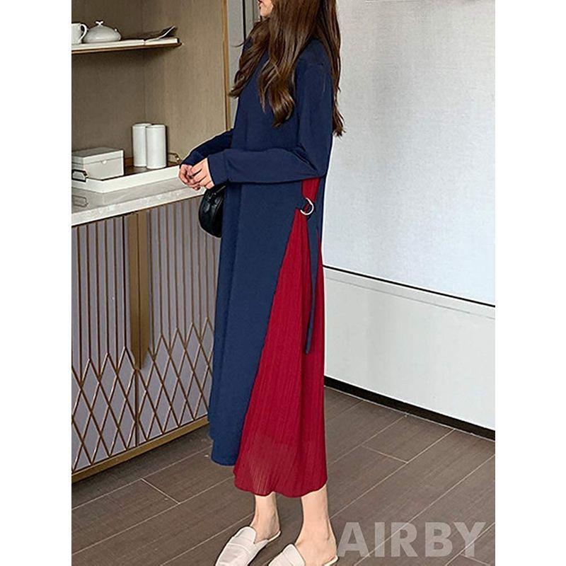 エアバイ サイド プリーツ ロング ワンピース ネイビー 女の子 秋冬 ビジネス ワインレッド ワイン 大人用 カワイイ 可愛い カッコ