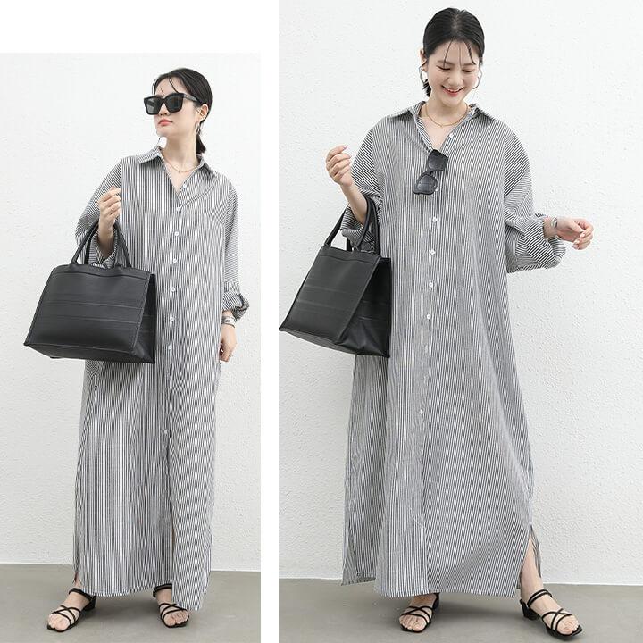 シャツワンピース 春 秋 長袖 シャツワンピ ストライプ柄 ワンピース ロングワンピース レディース ロング カジュアル マキシ丈 マキシ丈ワンピ ゆったり rt1232 | You Color | 10