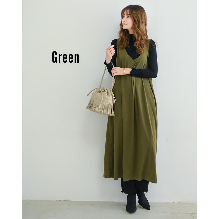 フロントタック ジャンパースカート ノースリーブワンピース シンプル グリーン フロントタック ジャンパースカート ノースリーブワンピース