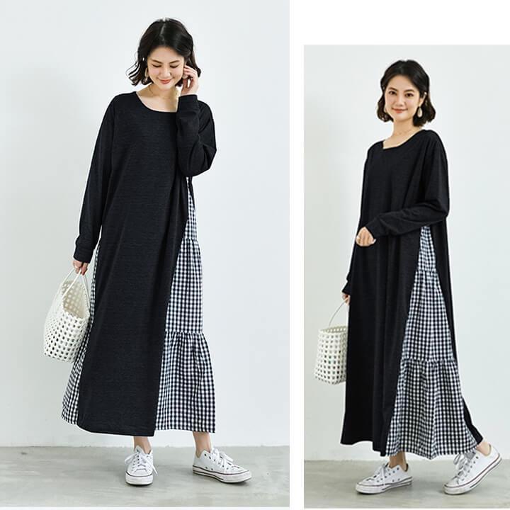 You Color ワンピース 春 秋 長袖 ギンガムチェック 無地 夏 冬