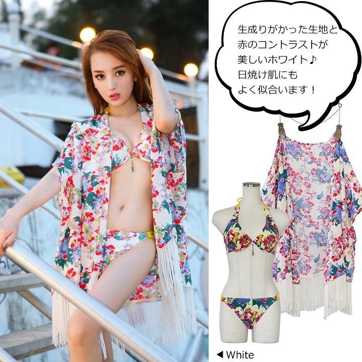 トリーバーチの白、青、赤のディティーローズ柄／花柄ビキニ You Color 【訳あり】水着 ビキニ レディース カバーアップ 3点