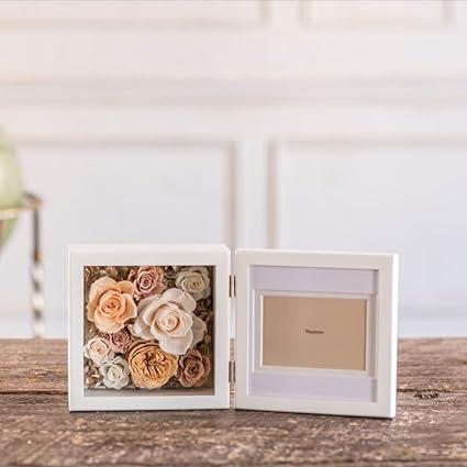 プリザーブドフラワー 枯れない魔法のお花 フォトフレームアレンジ 琥珀 幅35×奥行7×高さ17.5cm 卓上 プリザーブドフラワー 枯れない魔法のお花 琥珀 5cm