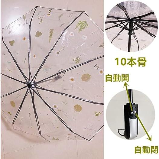 TOKUGAWAMIKA レディース傘 通勤 折りたたみ傘 透明傘 三段折りたたみ傘 オリジナル 美しい植物 花＆葉 自然的 透明な傘 ロマンチック
