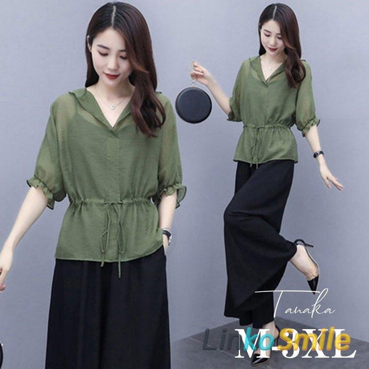 海外受注発注品 セットアップ レディース 春 夏 秋 おしゃれ セットアップ 半袖ブラウス Vネック九分丈ワイドパンツ リネン カジュアル 韓国風 通勤 40代 大きいサイズ 緑 オンライン特販 Www Superavila Com