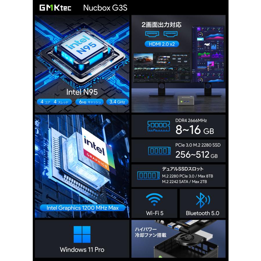 GMKtec ミニPC Nucbox G3S メモリ8-16GB ストレージ256-512GB Intel