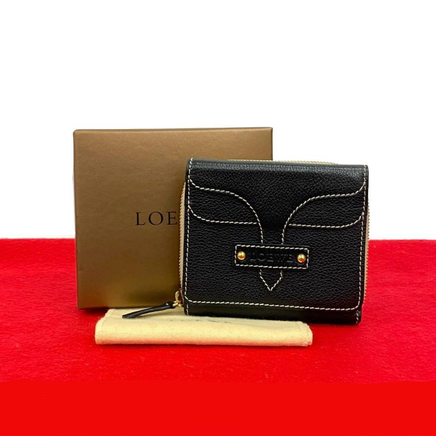 LOEWE 極 美品 箱付き ロエベ ロゴ 型押し レザー 本革 ラウンドジップ  