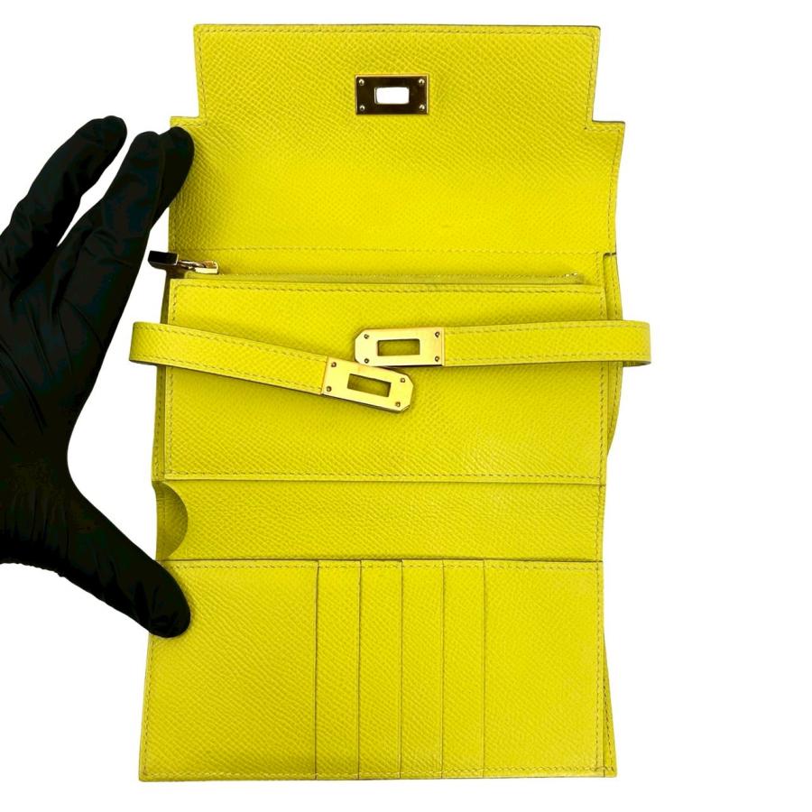極 美品 箱付 D 刻印 HERMES エルメス ケリー ウォレット コンパクト エプソン レザー 二つ折り 財布 ミニ 札入れ 小銭入れ イエロー d-193の画像