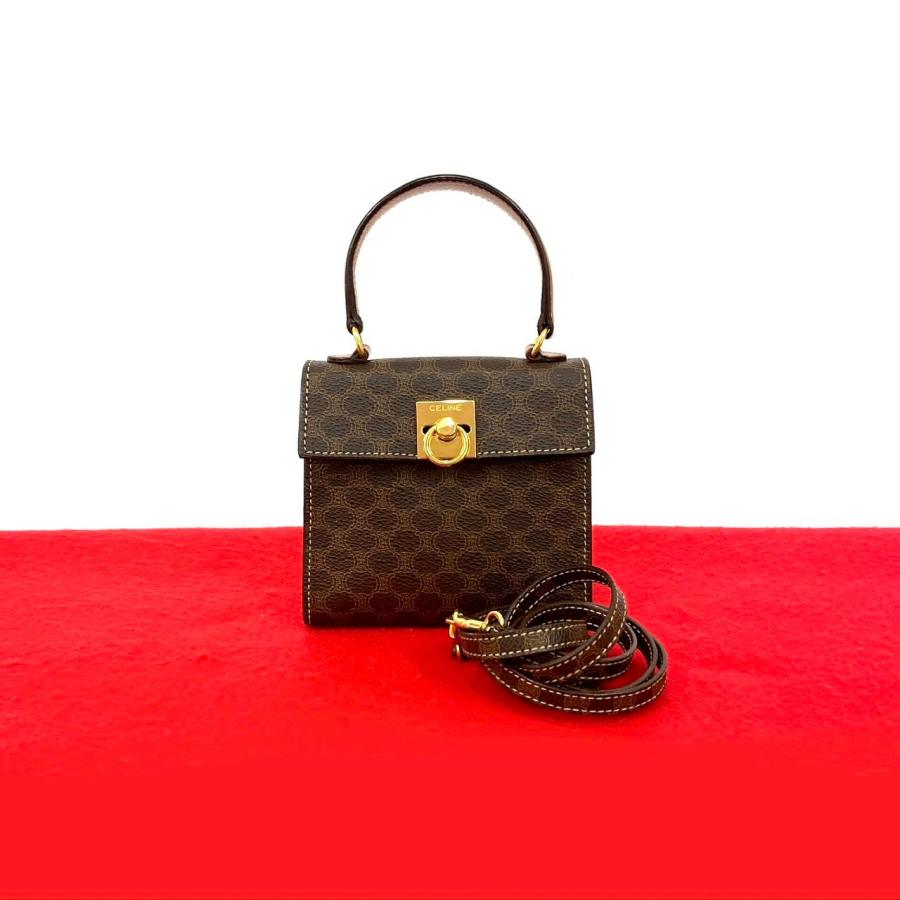 極 美品 CELINE セリーヌ ヴィンテージ マカダム 柄 ロゴ リング 金具 レザー 2way ミニ ハンドバッグ ショルダーバッグ ブラウン 492-2 CELINE（セリーヌ） 極 美品 ヴィンテージ マカダム 柄 ロゴ リング