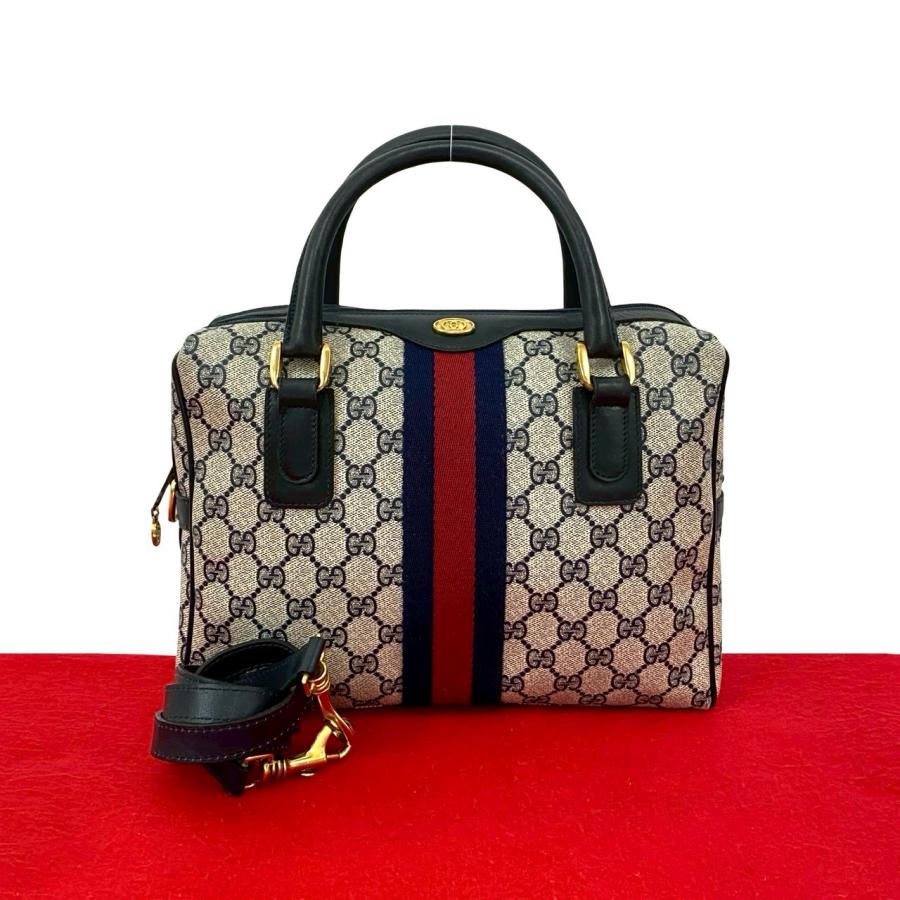 極 美品 GUCCI グッチ オールドグッチ ヴィンテージ シェリーライン GG ロゴ金具 レザー 2way ハンドバッグ ショルダーバッグ 紺 199-9 GUCCI（グッチ） 極 美品 オールドグッチ ヴィンテージ シェリーライン