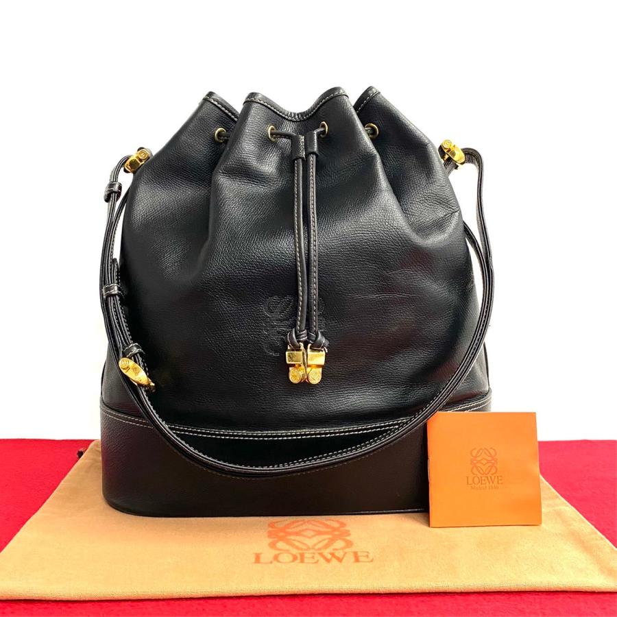 美品】ロエベ ショルダーバック 巾着 アナグラム ゴールド金具 レザー