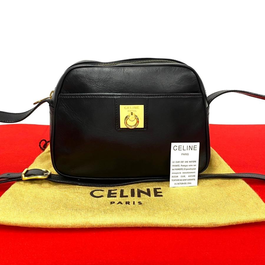 ほぼ未使用 希少品 保存袋付 CELINE セリーヌ リング金具 ロゴ レザー 