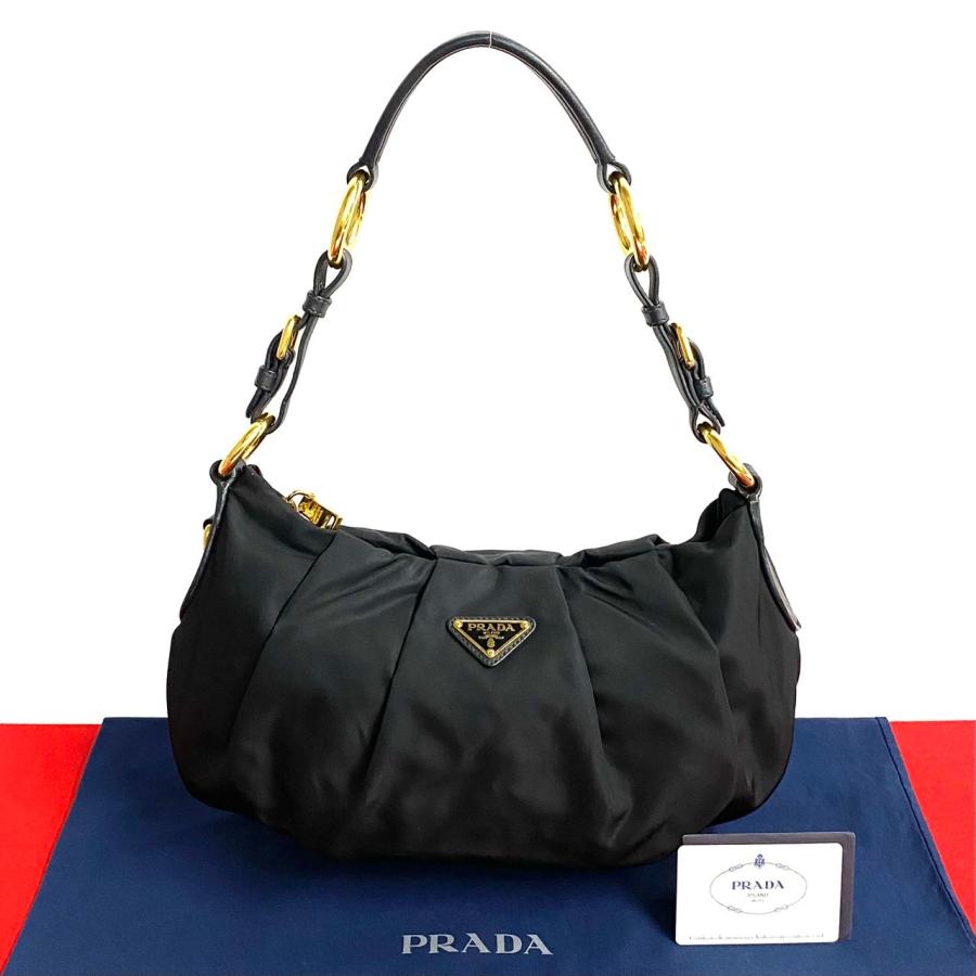 極 美品 カード付 PRADA プラダ 三角ロゴ ゴールド 金具 ナイロン  