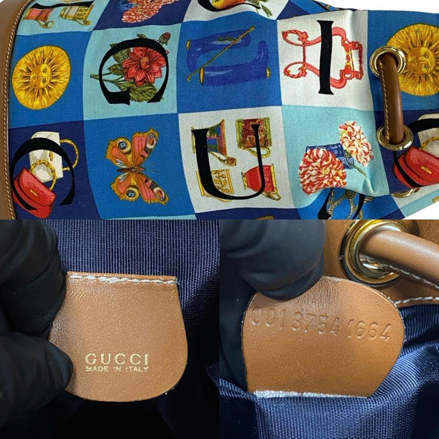 GUCCI（グッチ） 極 美品 袋付 シモ 総柄 レザー 本革 キャンバス 巾着