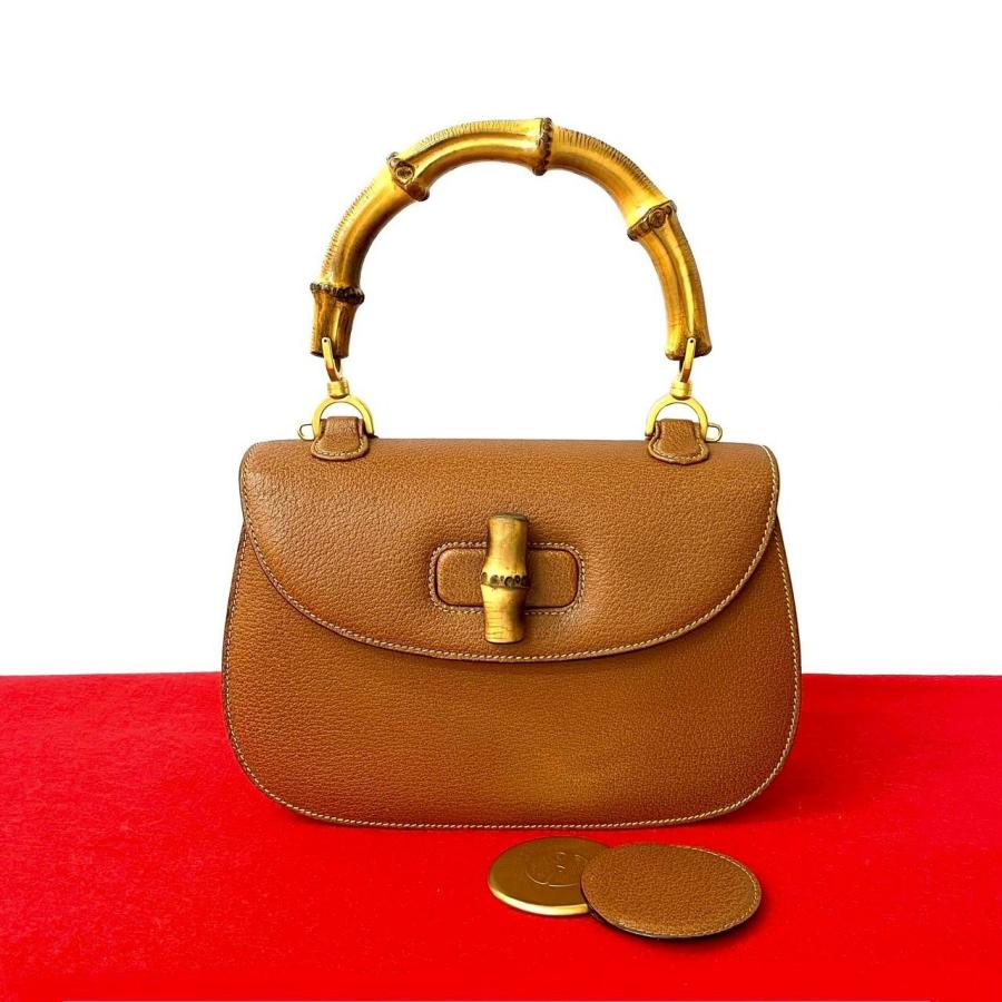 極 美品 オールドグッチ バンブー レザー ターンロック ハンドバッグ ブラウン GUCCI 極 美品 グッチ オールドグッチ ヴィンテージ バンブー