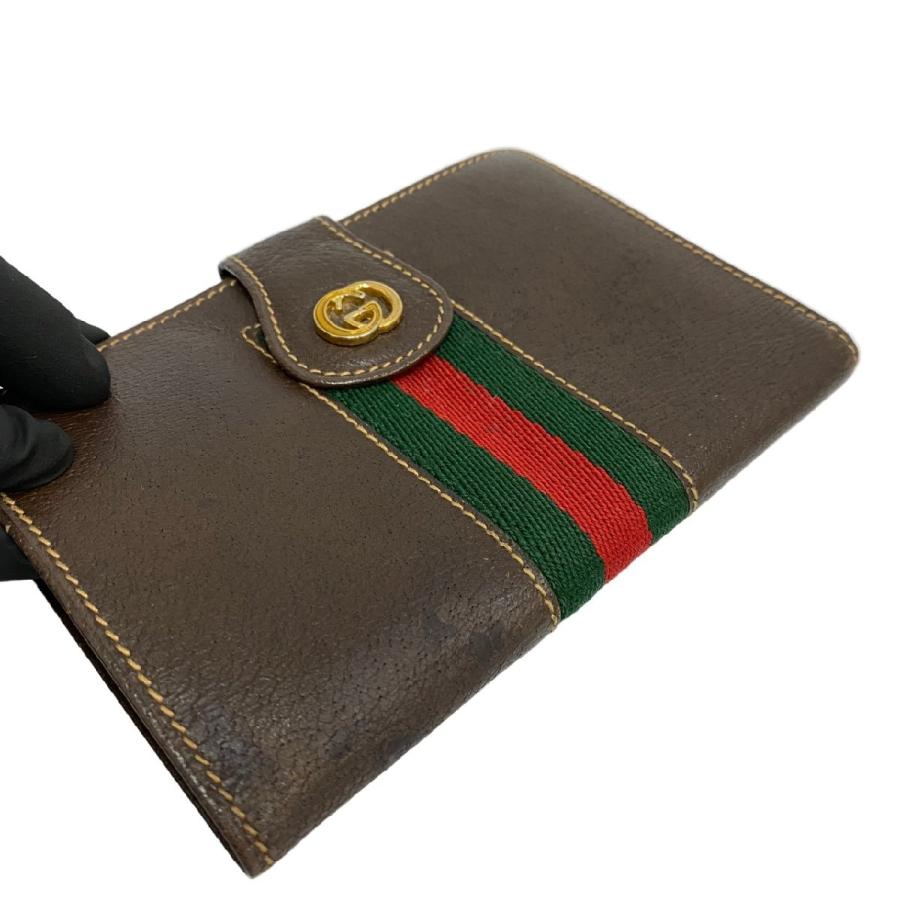 ブランドサイト 極 美品 GUCCI グッチ ヴィンテージ オールドグッチ シェリーライン GG ロゴ レザー がま口 二つ折り 財布 ミニ ウォレット ブラウン 61602