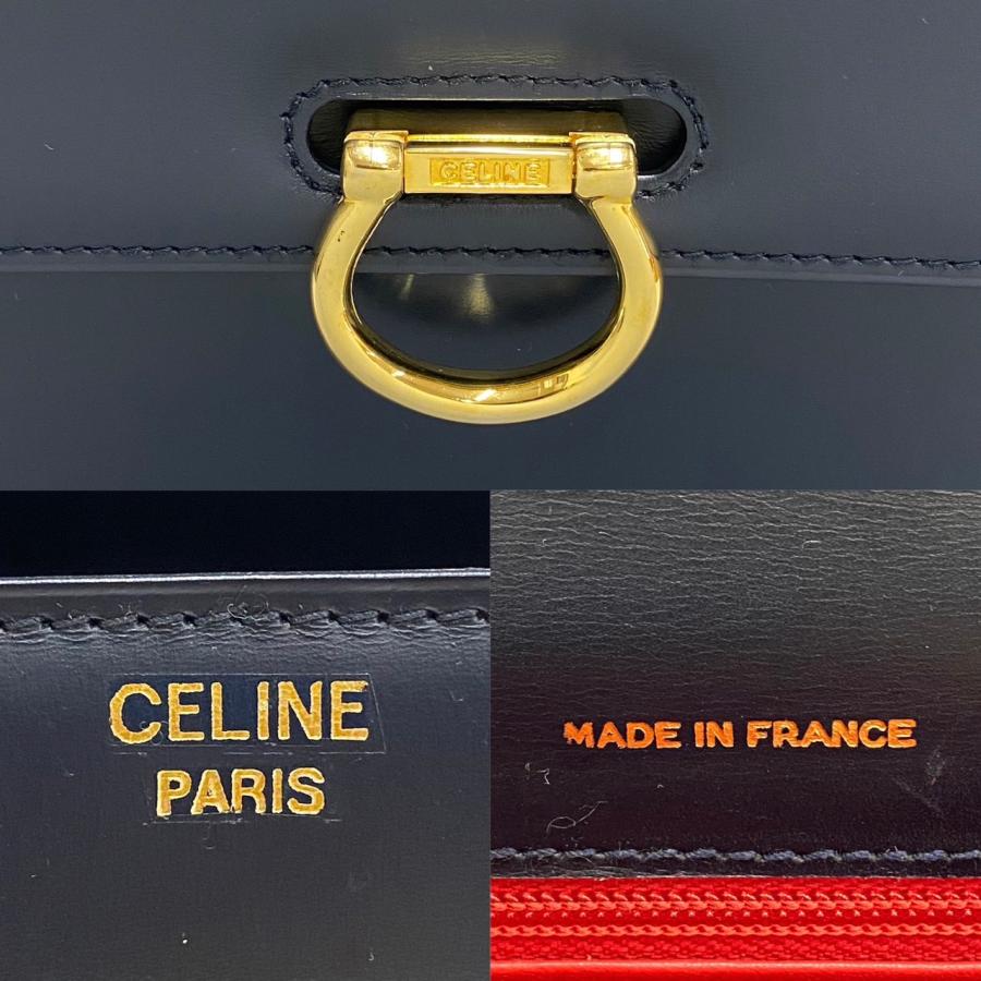 ＴＤＫ新社長に齋藤氏 極 美品 希少品 CELINE セリーヌ ヴィンテージ ロゴ 金具 カーフ レザー 本革 ハンドバッグ ミニ トートバッグ ネイビー 紺 06667