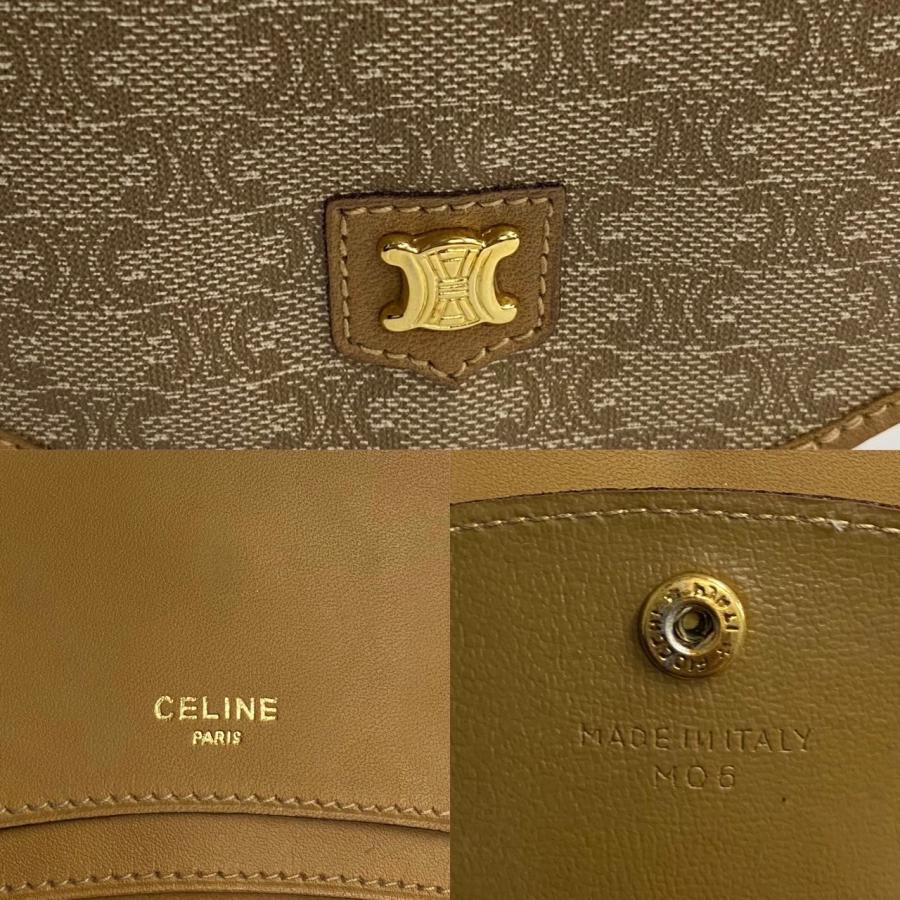 選べる支払い方法 極 美品 CELINE セリーヌ ヴィンテージ マカダム ブラゾン トリオンフ ロゴ 金具 レザー 二つ折り 財布 ミニ ウォレット ベージュ 32079