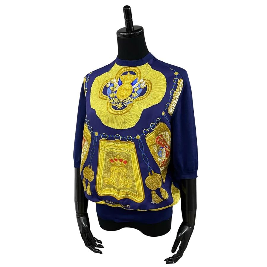 HERMES - 極 美品 希少品 HERMES エルメス シルク 切り替え 柄 半袖 五分袖 ニット セーター トップス ネイビー 紺 イエロー レディース 69710 HERMES 極 美品 希少品 エルメス シルク 切り替え 柄 半袖 五分