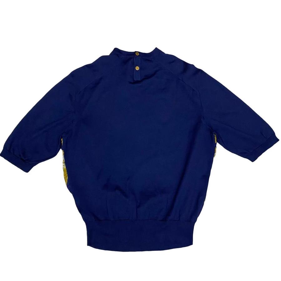 HERMES - 極 美品 希少品 HERMES エルメス シルク 切り替え 柄 半袖 五分袖 ニット セーター トップス ネイビー 紺 イエロー レディース 69710 HERMES 極 美品 希少品 エルメス シルク 切り替え 柄 半袖 五分