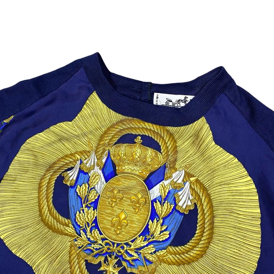 HERMES - 極 美品 希少品 HERMES エルメス シルク 切り替え 柄 半袖 五分袖 ニット セーター トップス ネイビー 紺 イエロー レディース 69710 HERMES 極 美品 希少品 エルメス シルク 切り替え 柄 半袖 五分