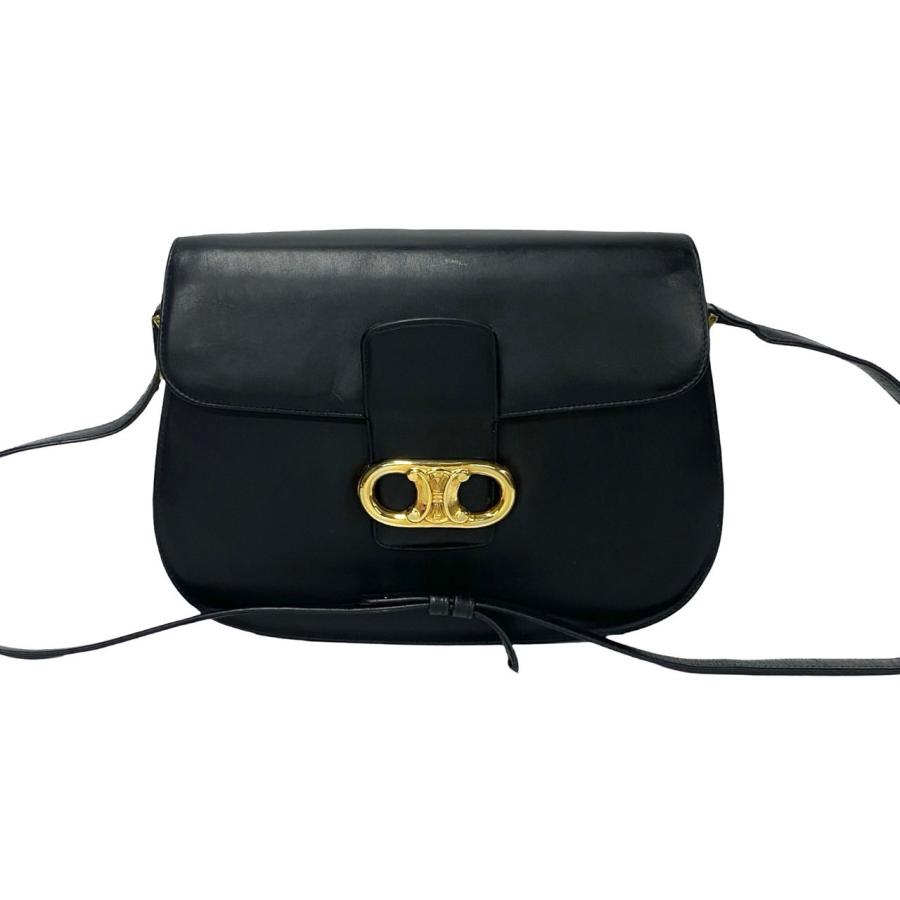 極 美品 CELINE セリーヌ ヴィンテージ トリオンフ ロゴ 金具 カーフ レザー 本革 セミ ワン ショルダーバッグ ポシェット ブラック 33570 CELINE（セリーヌ） 極 美品 ヴィンテージ トリオンフ ロゴ 金具