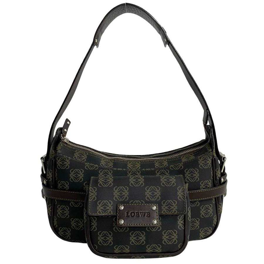LOEWE 極 美品 袋 ポーチ付 ロエベ アナグラム ロゴ 総柄 レザー 本革 