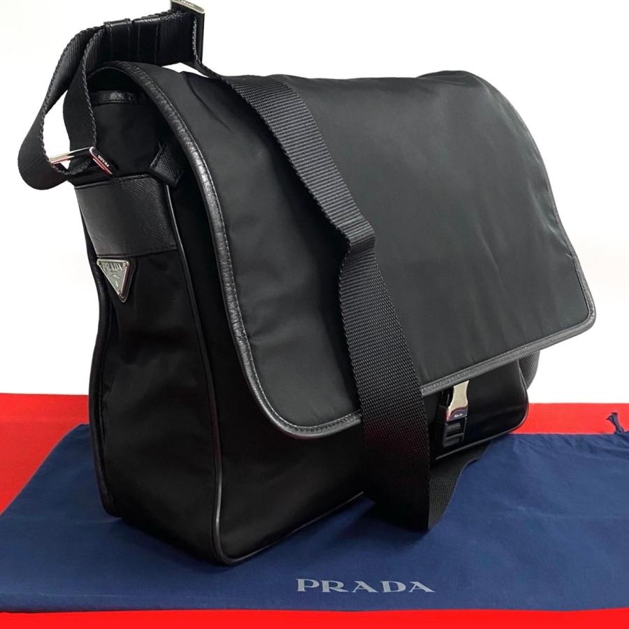極 美品 PRADA プラダ 三角ロゴ 金具 ナイロン レザー 本革 ショルダー 