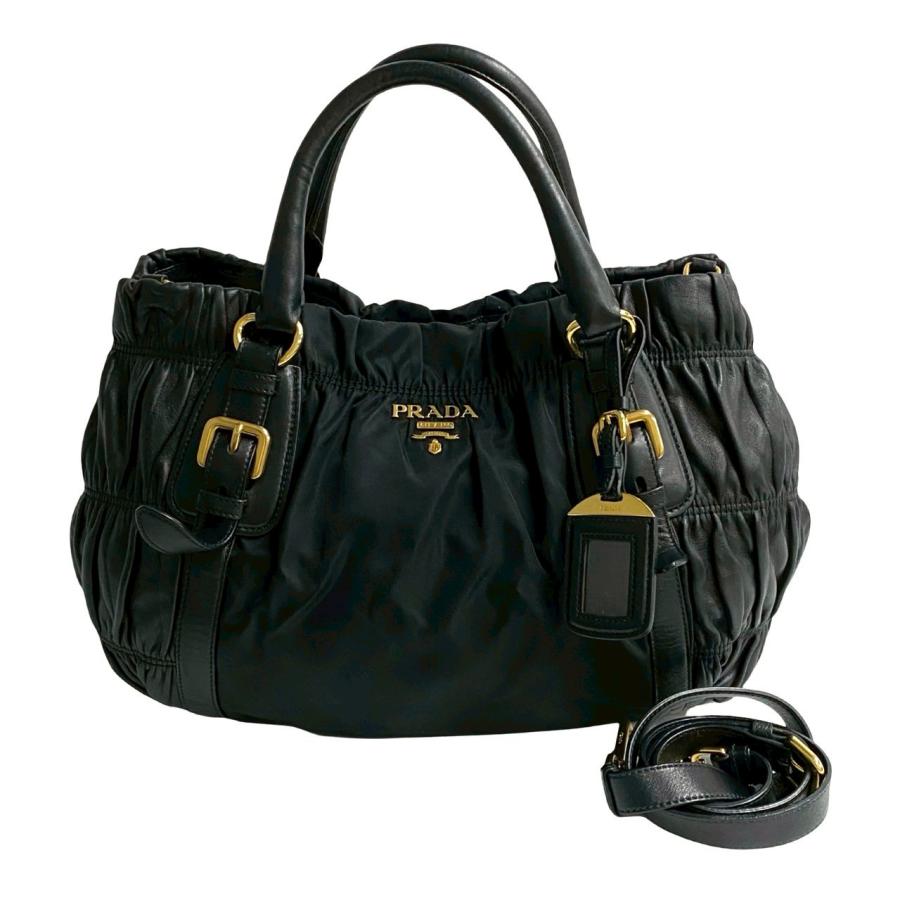 PRADA 極 美品 プラダ ロゴ 金具 ギャザー ナイロン レザー 本革 PRADA 極 美品 プラダ ロゴ 金具 ギャザー ナイロン レザー 本革