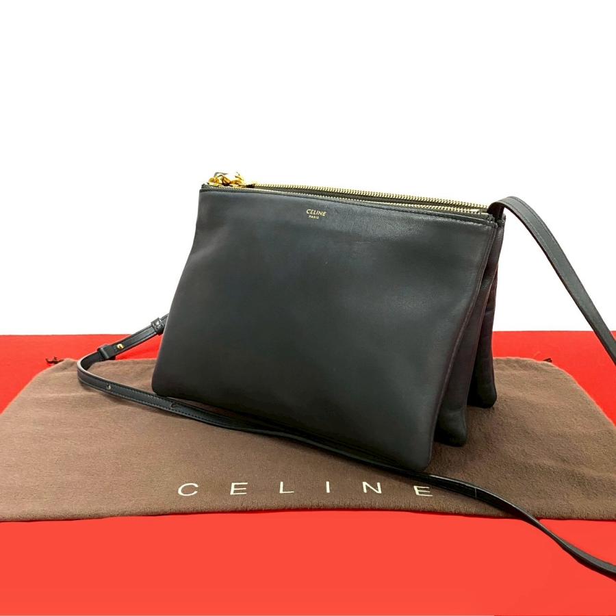 【美品】セリーヌ トリオ ショルダーバッグ レザー 黒 CELINE（セリーヌ） トリオ ショルダーバッグ - ブラック レディース