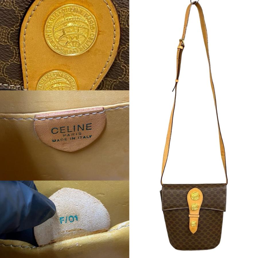 極 美品 袋付き CELINE セリーヌ マカダム ブラゾン トリオンフ 柄 メダル  モチーフ 金具 レザー ショルダーバッグ ブラウン 21720 CELINE（セリーヌ） 極 美品 袋付き マカダム ブラゾン トリオンフ 柄