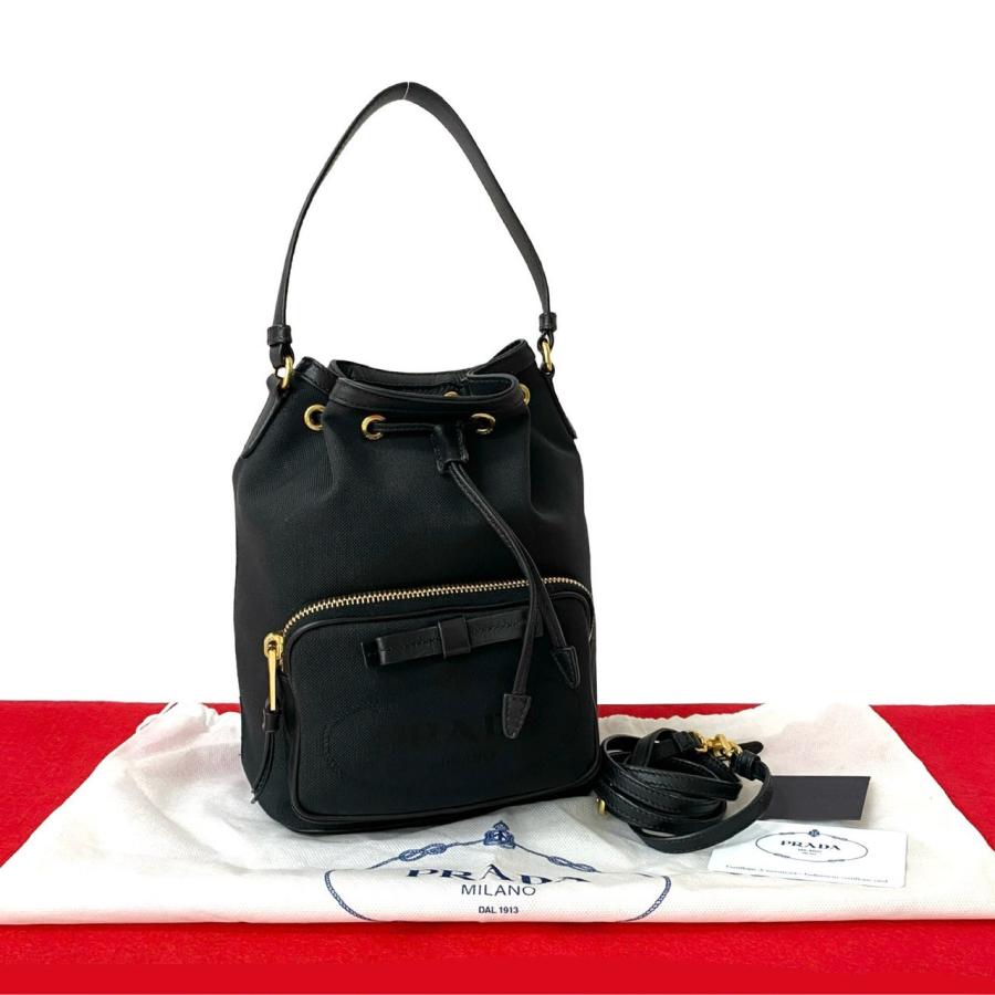 極 美品 袋付き PRADA プラダ デュエット ロゴ キャンバス レザー 本革 巾着 2way ハンドバッグ ショルダーバッグ ブラック 63146 PRADA（プラダ） 極 美品 袋付き デュエット ロゴ キャンバス レザー