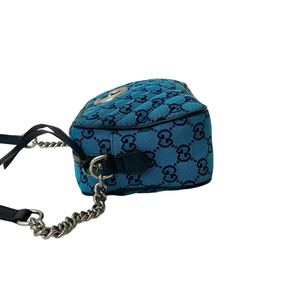 極 美品 GUCCI グッチ GG マーモント キャンバス レザー 本革 チェーン ショルダーバッグ ポシェット サコッシュ ブルー ネイビー 84805 GUCCI（グッチ） 極 美品 GG マーモント キャンバス レザー 本革