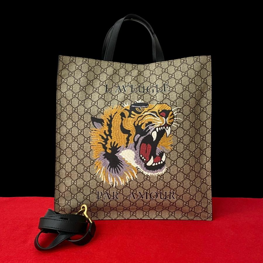 GUCCI 極 美品 グッチ GGスプリーム タイガー レザー 2way トート 