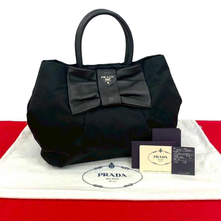 PRADAトートバッグ リボン ロゴ金具 ナイロン レザー ブラック PRADA（プラダ） 極 美品 保存袋付き ロゴ 金具 ナイロン レザー 本革
