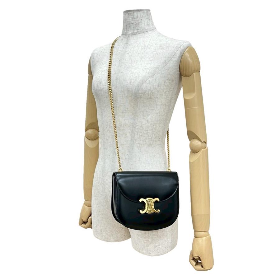極 美品 CELINE セリーヌ ティーン チェーン ブザス トリオンフ ロゴ カーフ レザー 本革 ショルダーバッグ ポシェット ブラック 30423 CELINE（セリーヌ） 極 美品 ティーン チェーン ブザス トリオンフ