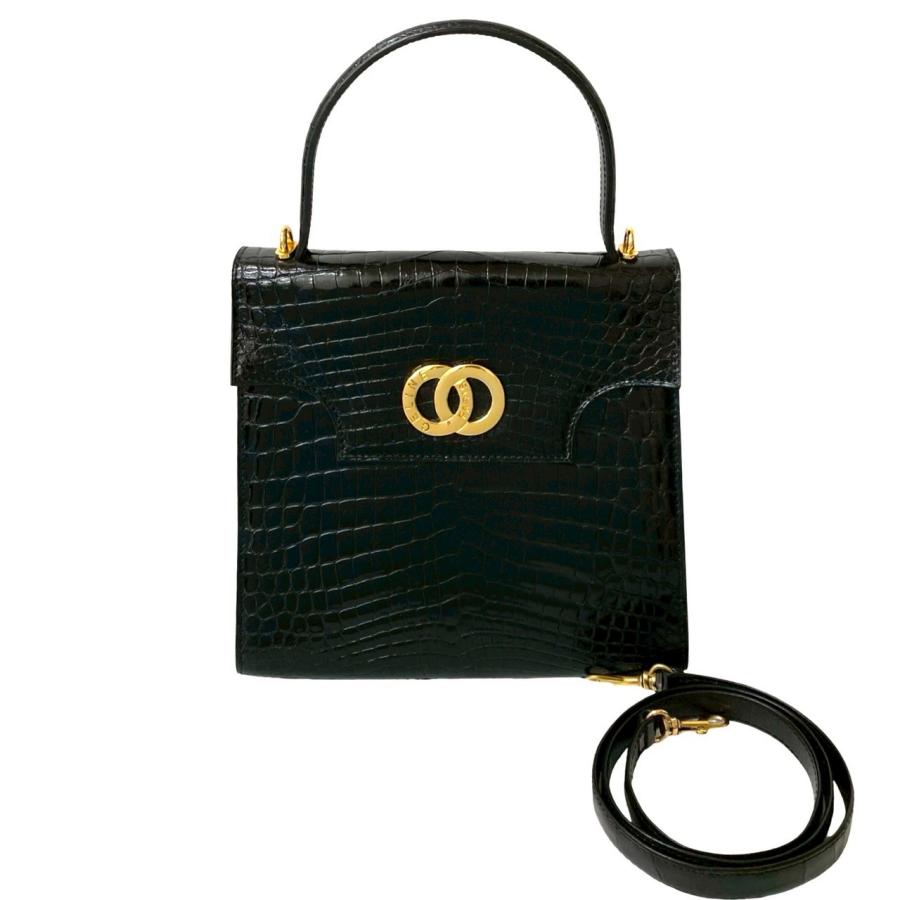 極 美品 CELINE セリーヌ ヴィンテージ ダブル サークル ロゴ 金具 レザー 本革 2way ハンドバッグ ショルダーバッグ ブラック 15208 CELINE（セリーヌ） 極 美品 ヴィンテージ ダブル サークル ロゴ 金具