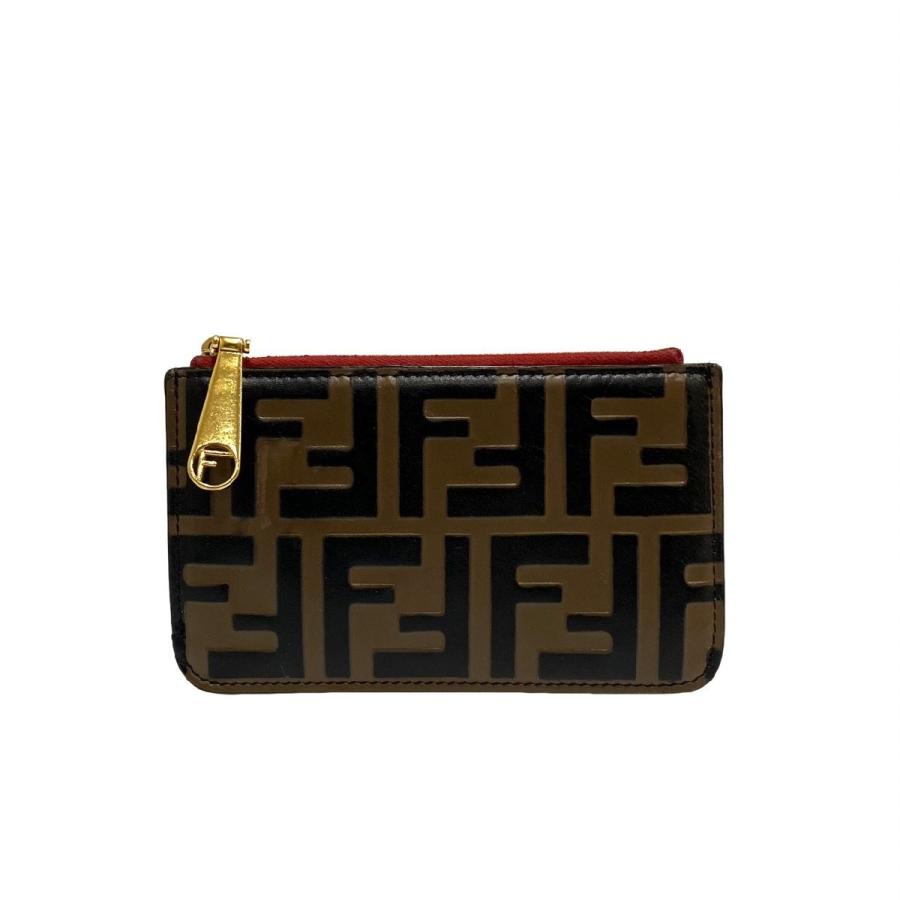 FENDI（フェンディ） 極 美品 ズッカ 柄 FF ロゴ レザー ミニ 財布 カードケース コインケース 小銭入れ ブラウン 31287 ...