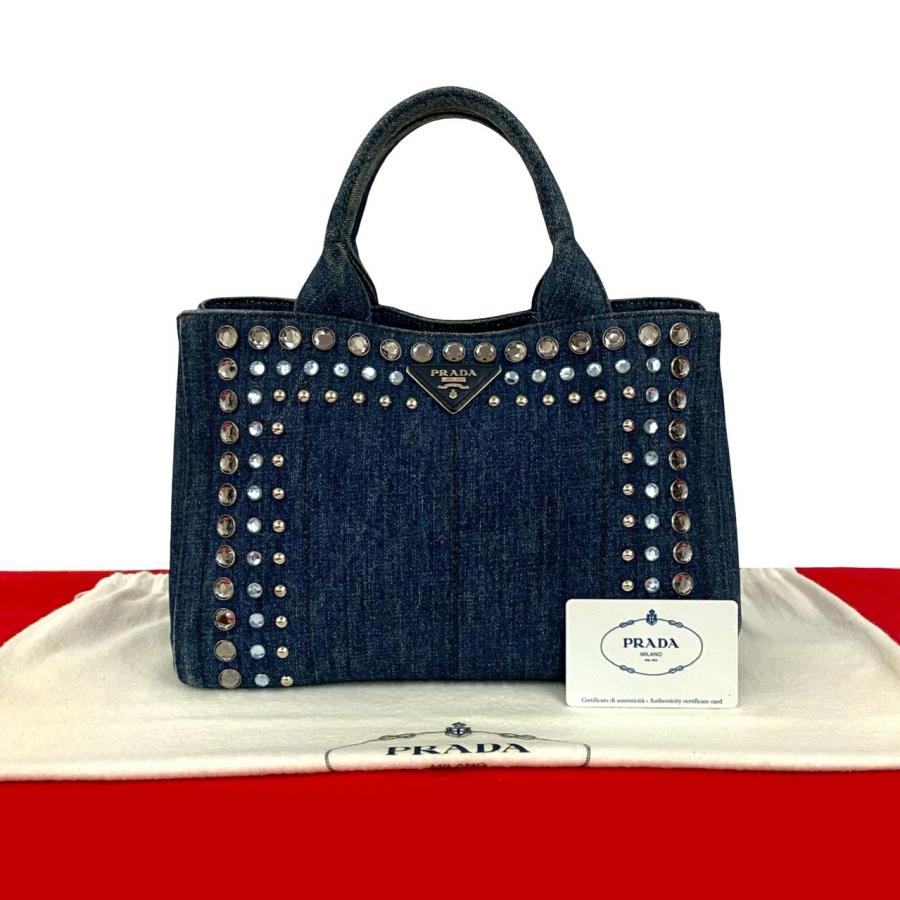 【極美品】プラダ　カナパ　ハンドバッグ　三角ロゴ　ゴールド金具　デニム　ブラック 極美品】プラダ カナパ ハンドバッグ 三角ロゴ ゴールド金具