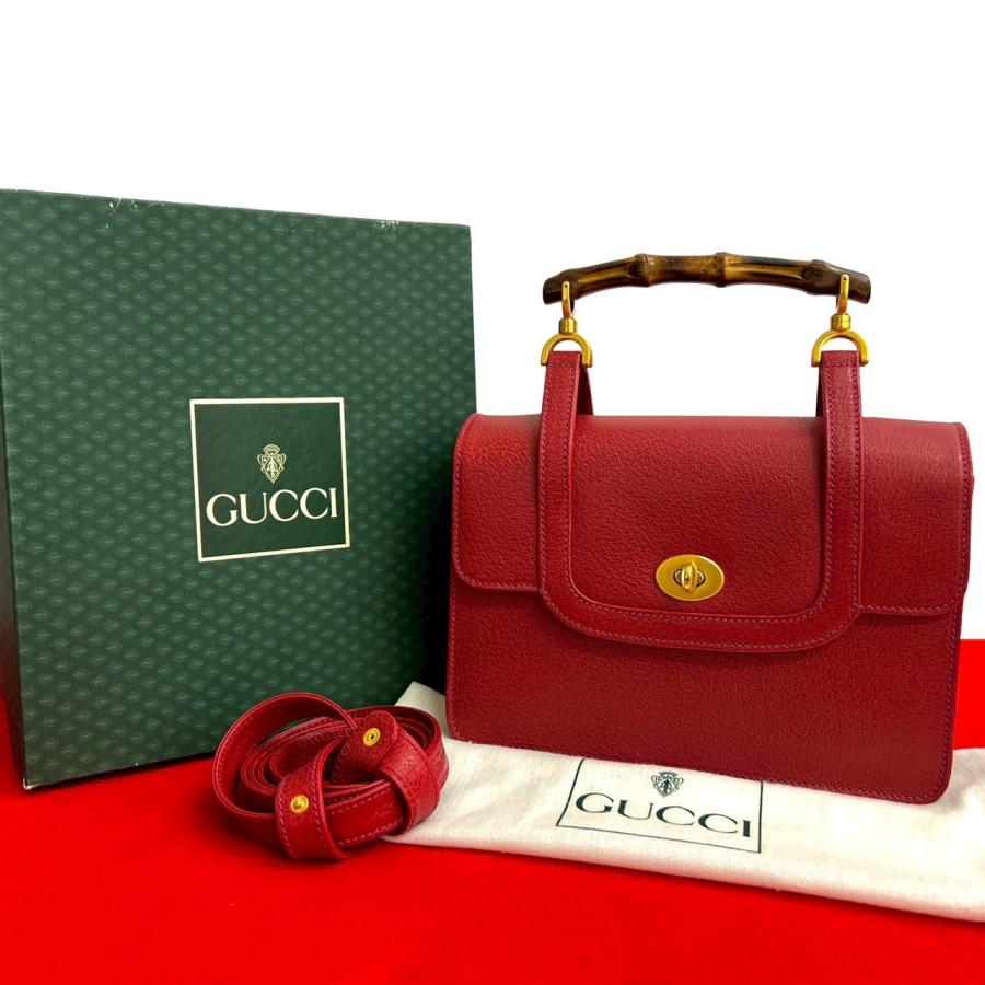 極 美品 オールドグッチ バンブー レザー 2way ショルダーバッグ レッド GUCCI 極 美品 保存箱 袋付 グッチ オールドグッチ バンブー レザー 本