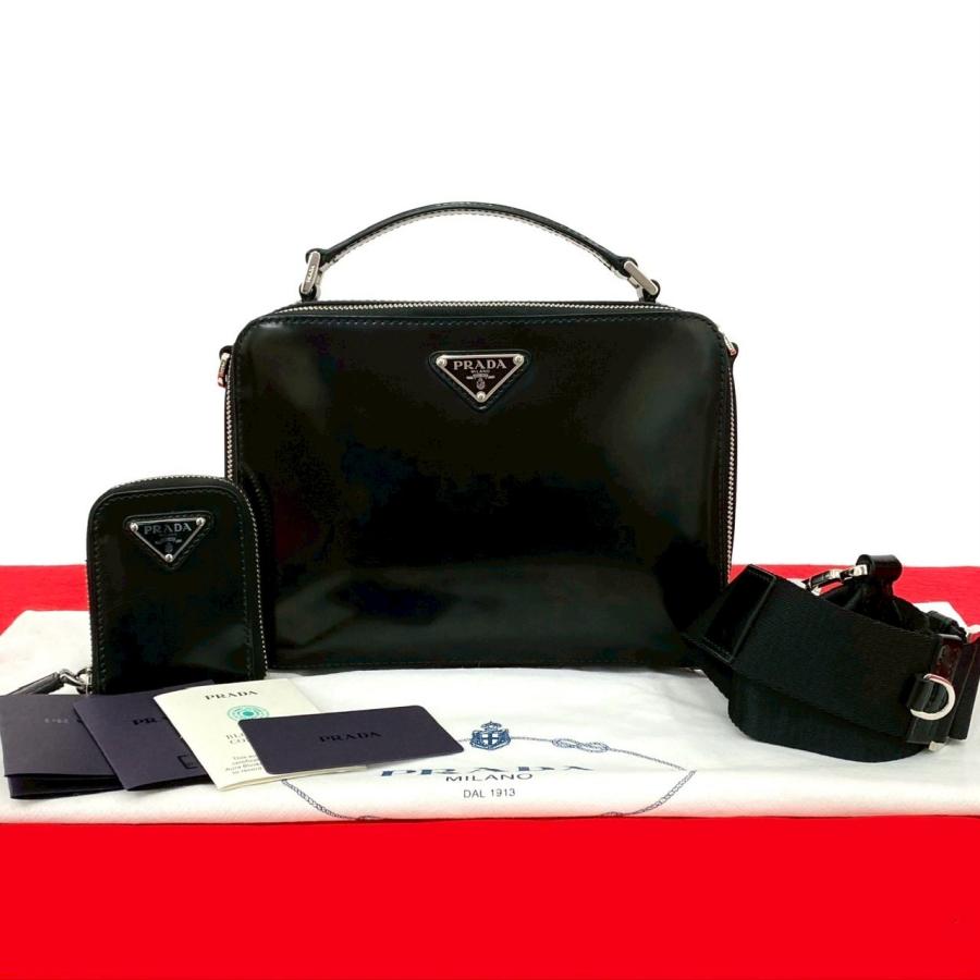 未使用保管品 袋付き PRADA プラダ 三角ロゴ 金具 パテント レザー 本革 2way ハンドバッグ ショルダーバッグ ブラック 黒 23079 PRADA（プラダ） 未使用保管品 袋付き 三角ロゴ 金具 パテント レザー