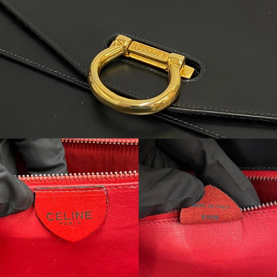 最新購入 極 美品 希少品 CELINE セリーヌ ヴィンテージ ロゴ 金具 レザー 本革 ハンドバッグ ミニ トートバッグ ブラック 赤張り 34502