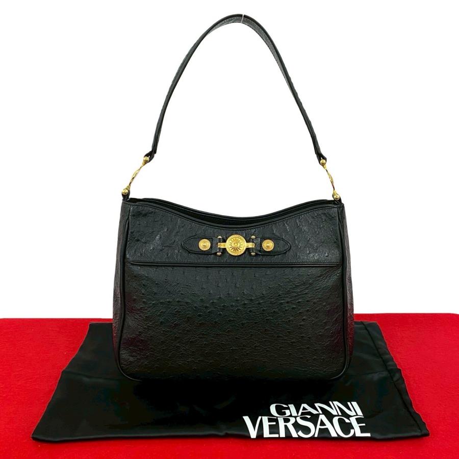 極 美品 袋付き VERSACE ヴェルサーチ サンバースト ロゴ 金具 レザー 
