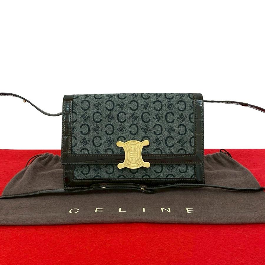 極 美品 袋付 ELINE セリーヌ ヴィンテージ Cマカダム ロゴ 金具 ウール レザー 本革 ショルダーバッグ ポシェット ブラウン グレー 10327 CELINE（セリーヌ） 極 美品 袋付 ELINE ヴィンテージ Cマカダム ロゴ