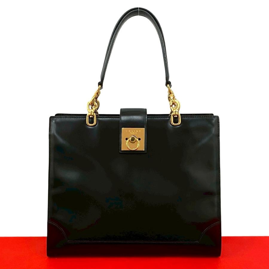 希少CELINEセリーヌ ビンテージ　ハンドバッグ カーフレザー 黒ゴールド金具 CELINE（セリーヌ） 極 美品 希少品 ヴィンテージ ロゴ リング 金具