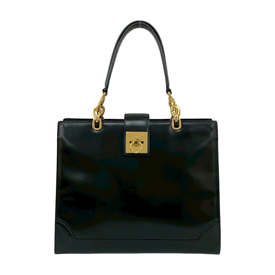 希少CELINEセリーヌ ビンテージ　ハンドバッグ カーフレザー 黒ゴールド金具 CELINE（セリーヌ） 極 美品 希少品 ヴィンテージ ロゴ リング 金具