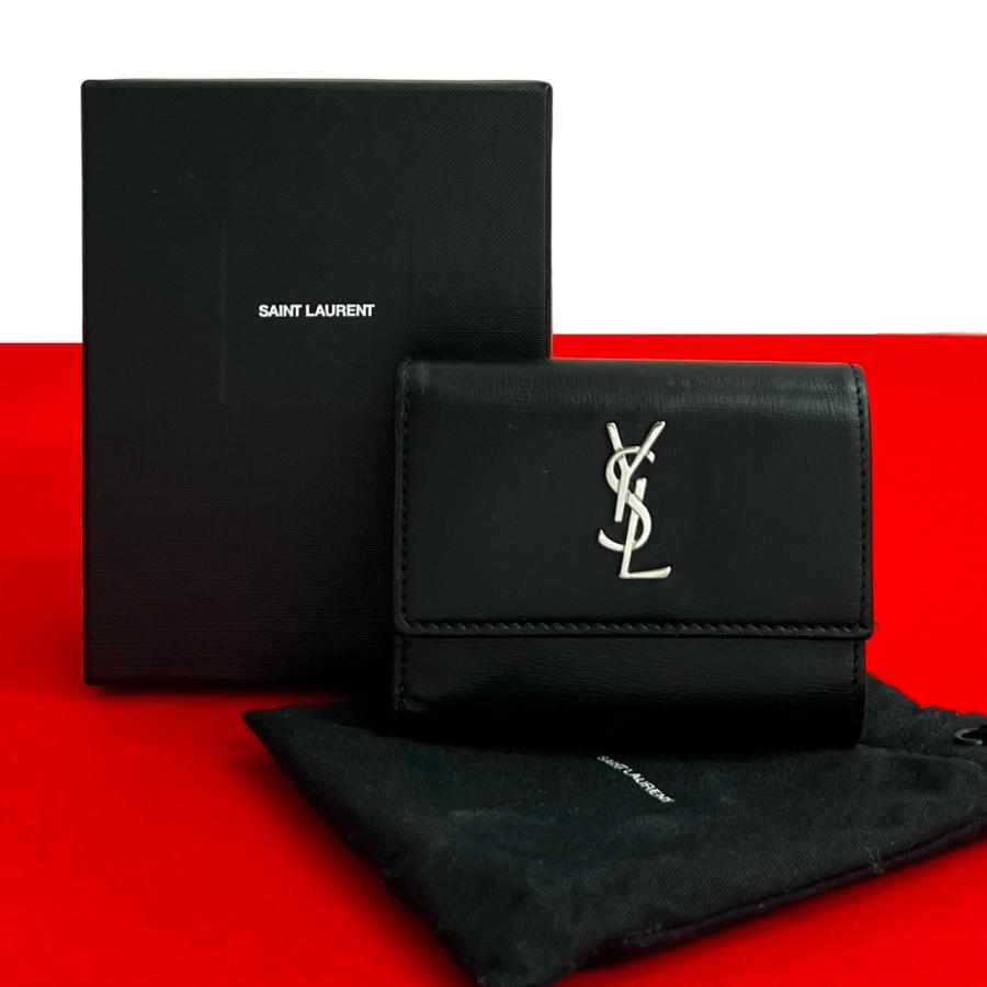 サンローラン 三つ折り財布 ロゴ 極 美品 箱 袋付き SAINT LAURENT PARIS サンローランパリ YSL ロゴ