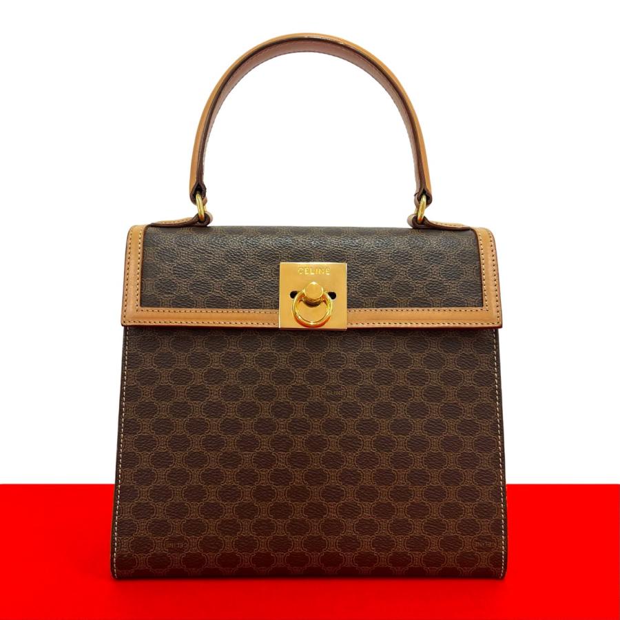 【美品】セリーヌ ハンドバッグ マカダム ゴールド金具 ロゴ レディース 茶 CELINE（セリーヌ） 極 美品 ヴィンテージ マカダム 柄 ロゴ リング