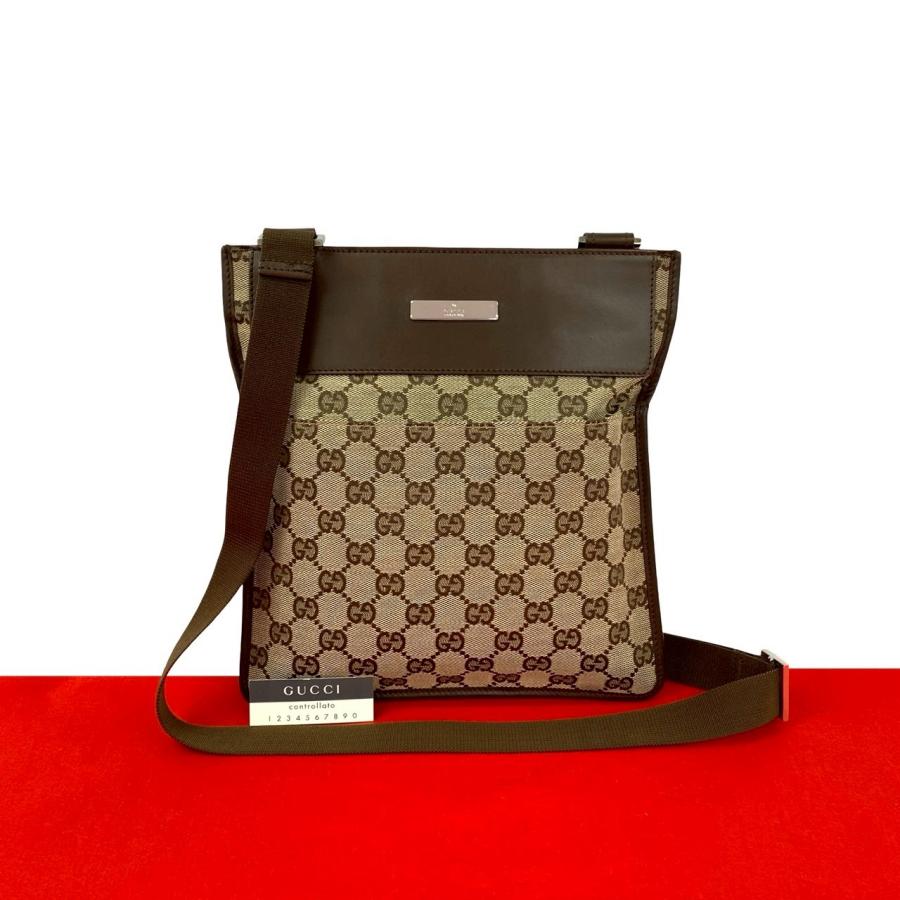 【良品】GUCCI グッチ　ショルダーバッグ　サコッシュ　キャンバス　ブラウン GUCCI（グッチ） 極 美品 GG 柄 ロゴ プレート金具 キャンバス レザー