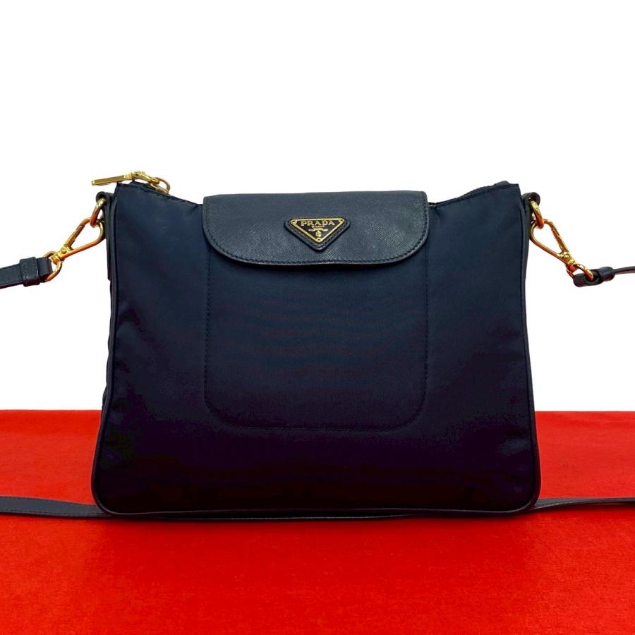 極 美品 PRADA プラダ 三角ロゴ 金具 ナイロン サフィアーノ レザー 本革 ミニ ショルダーバッグ ポシェット サコッシュ ネイビー 95105 PRADA（プラダ） 極 美品 三角ロゴ 金具 ナイロン サフィアーノ レザー